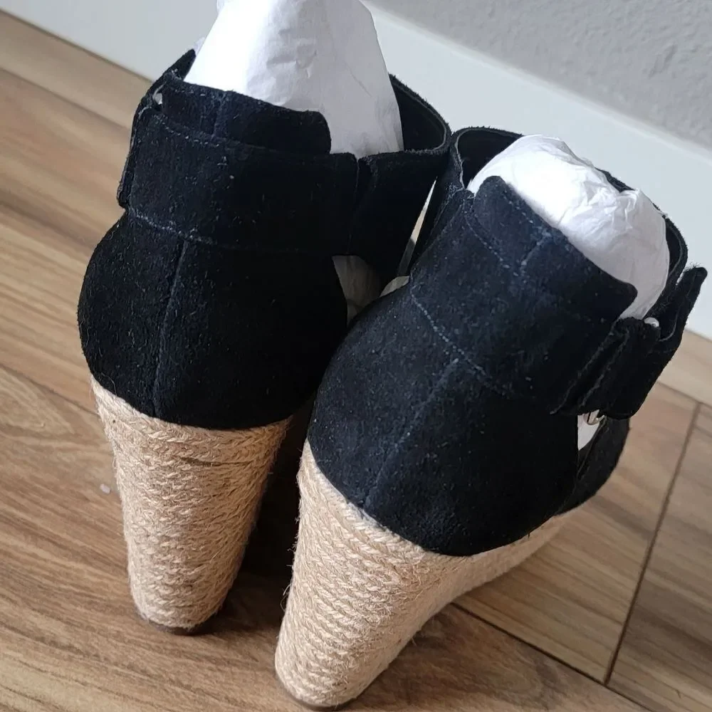 Marc Fisher Helina Platform Laser Cutout Suede Peep Toe Espadrille Wedge Black
